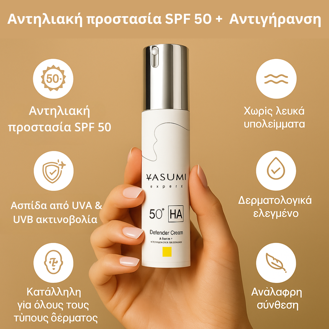 Αντηλιακό Προσώπου 50ml - Defender Cream SPF 50 UVA+UVB +Υαλουρονικό Οξύ